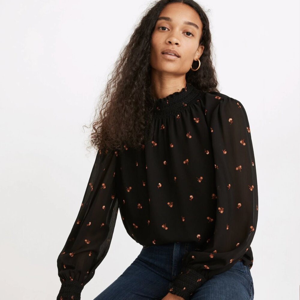 Madewell Women's Georgette Smocked Mockneck Top Size Small